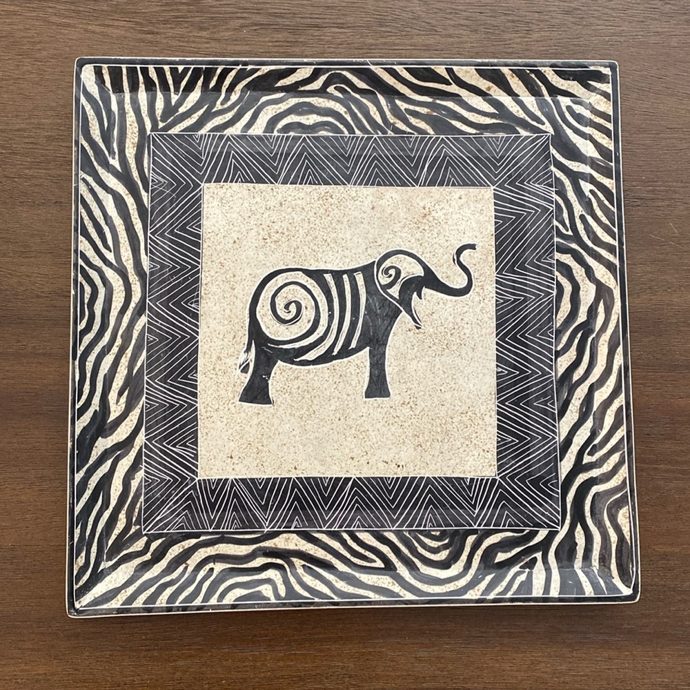 10” x 10” Elephant Soapstone Decorative Plate Hand Carved and Painted in Kenya